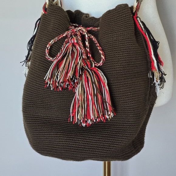 Wayuu Tribe Rio Wayuu Bag Brown Boho Bucket Tassel Crochet - Picture 10 of 10